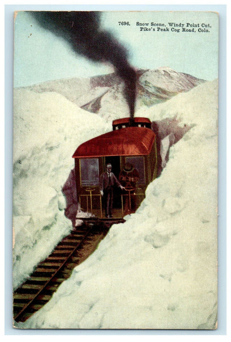 c1910s Snow Scene in Windy Point Cut Pikes Peak Cog Road Colorado CO Postcard