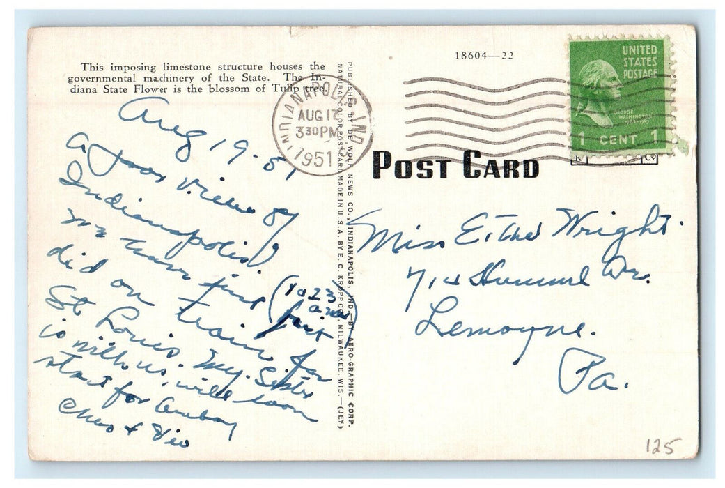 1951 Aerial View of State Capitol Indianapolis Indiana IN Posted Postcard