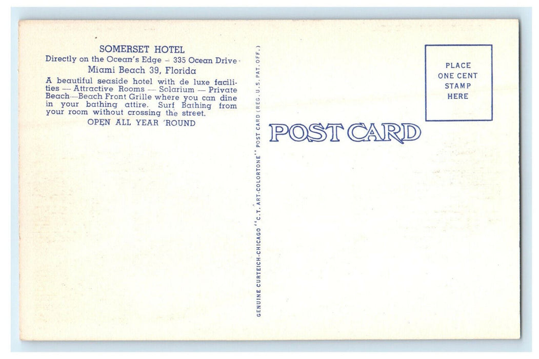 c1940s Atlantic Ocean View, Somerset Hotel, Miami Beach Florida FL Postcard