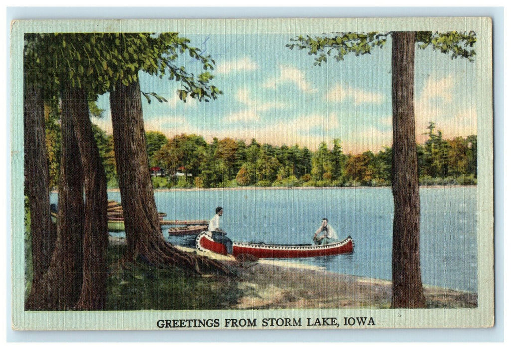 1948 Two Men, Boats in Lake, Greetings from Storm Lake Iowa IA Posted Postcard