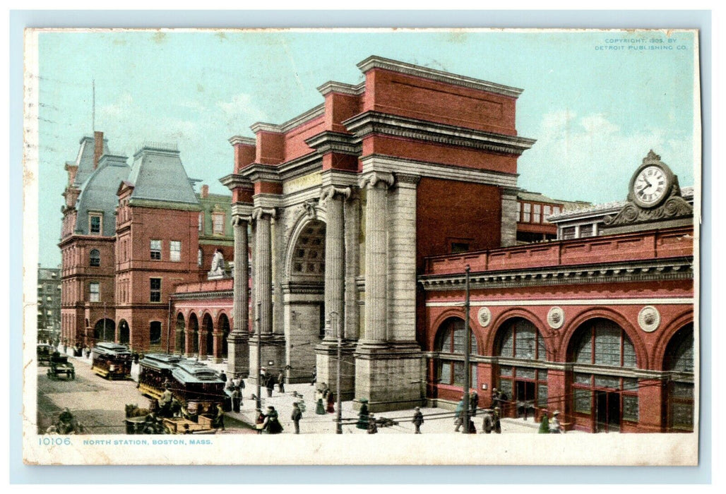 1909 North Station Trolley Train Boston Massachusetts MA Antique Postcard