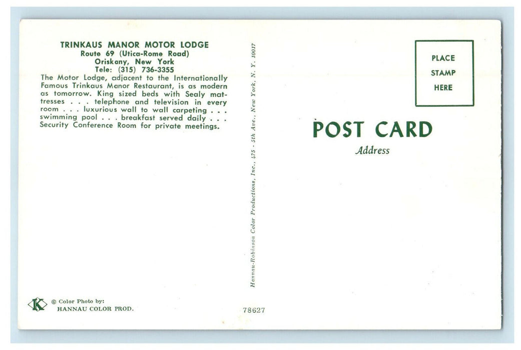 c1960s Trinkaus Manor Motor Lodge Oriskany New York NY Unposted Postcard