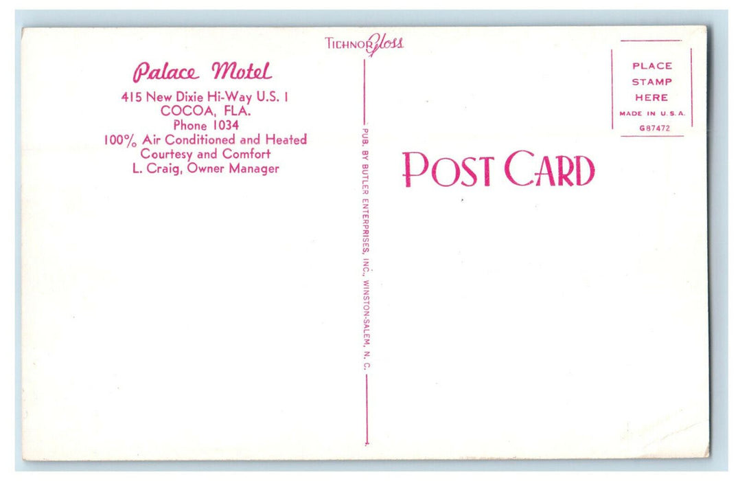 c1960s Palace Motel, 415 New Dixie Hi-Way US. 1 Cocoa Florida FL Postcard