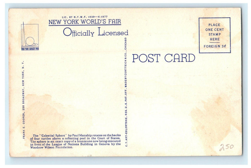 c1940s The Celestial Sphere By Paul Manship, New York World's Fair Postcard