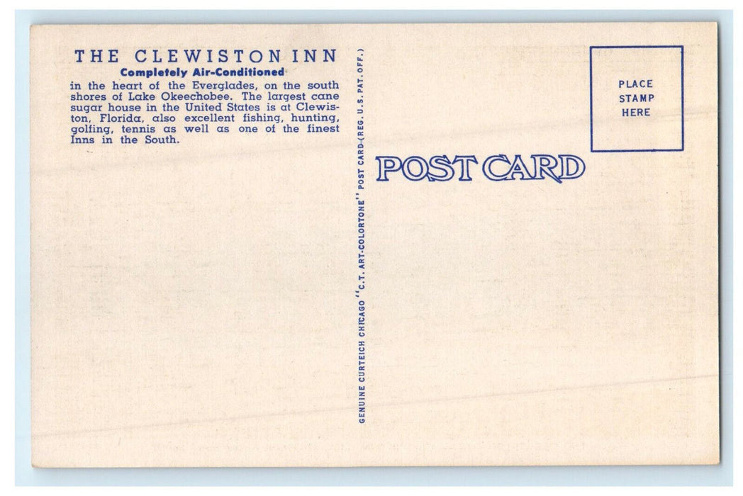 c1940 Finest Small Hotel South, The Clewiston Inn, Clewiston Florida FL Postcard