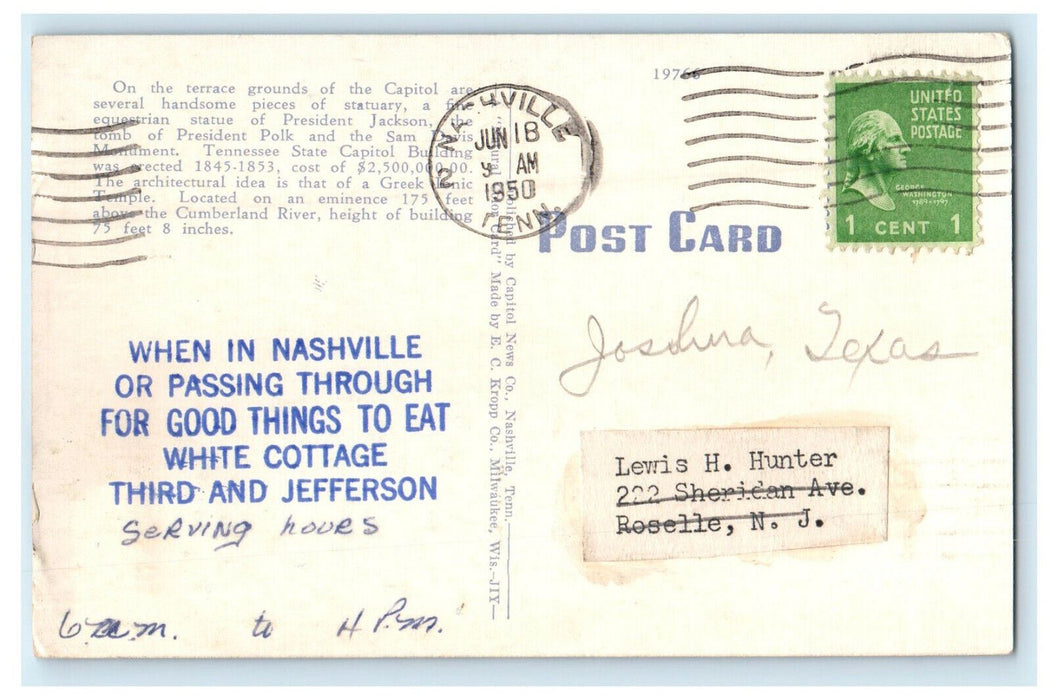 1950 White Cottage Restaurant Advertising Nashville, Tennessee TN Postcard