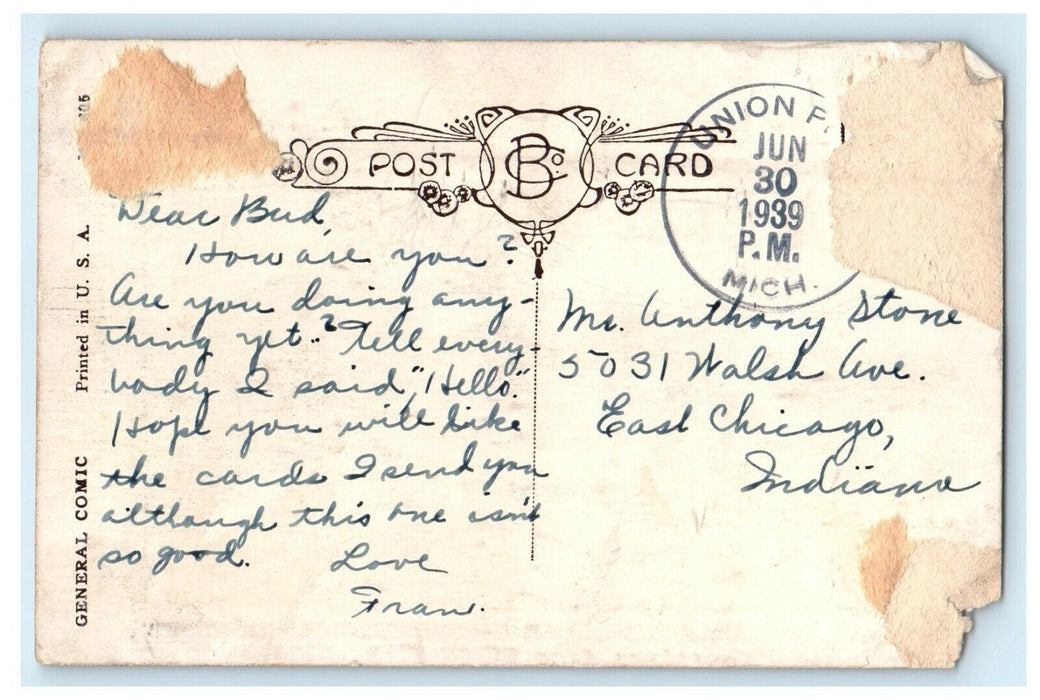 1939 OH Elmer Don't Be Hog Humor Funny Comic Union Pier MI Bamforth Postcard