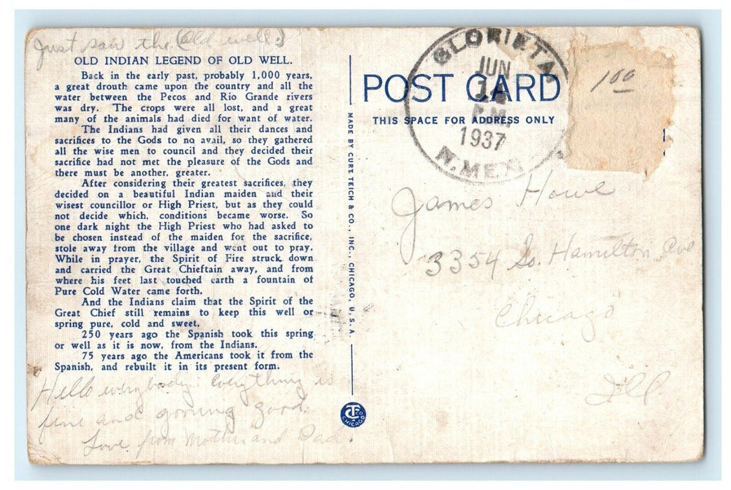 1937 Historic And Wonderful Old Indian Spanish Well Glorietta NM  Postcard