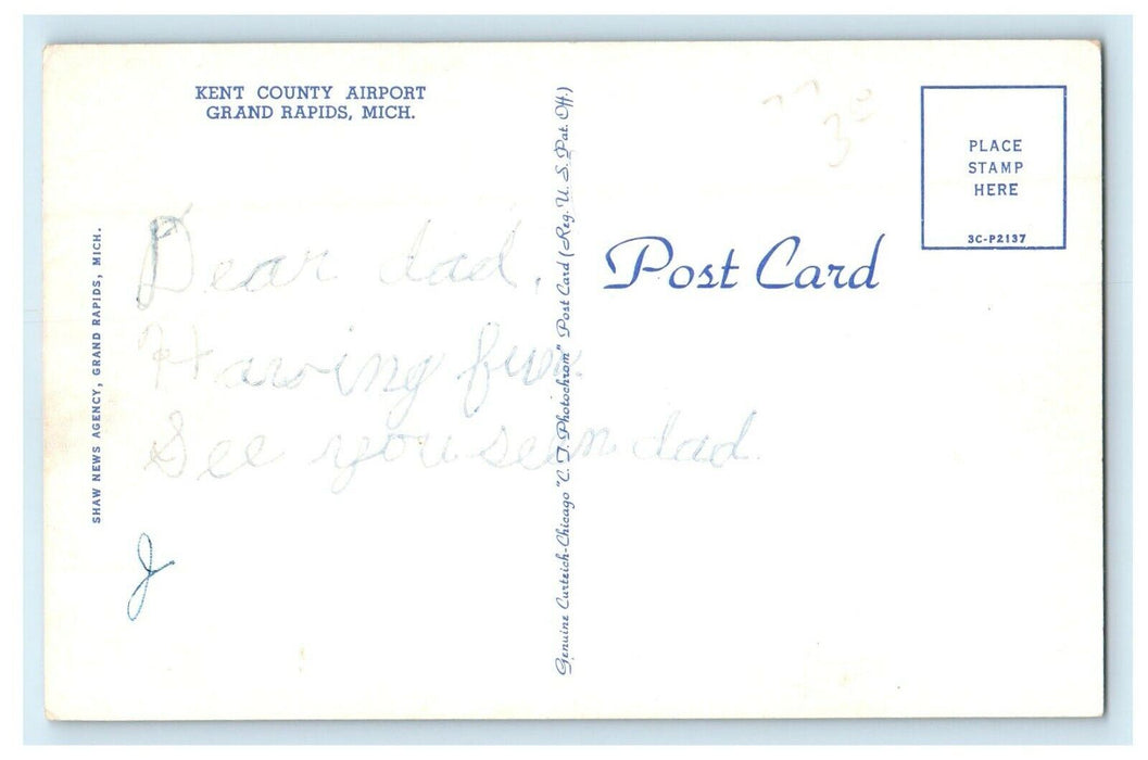 c1940's Kent County Airport Airplane Grand Rapids Michigan MI Postcard