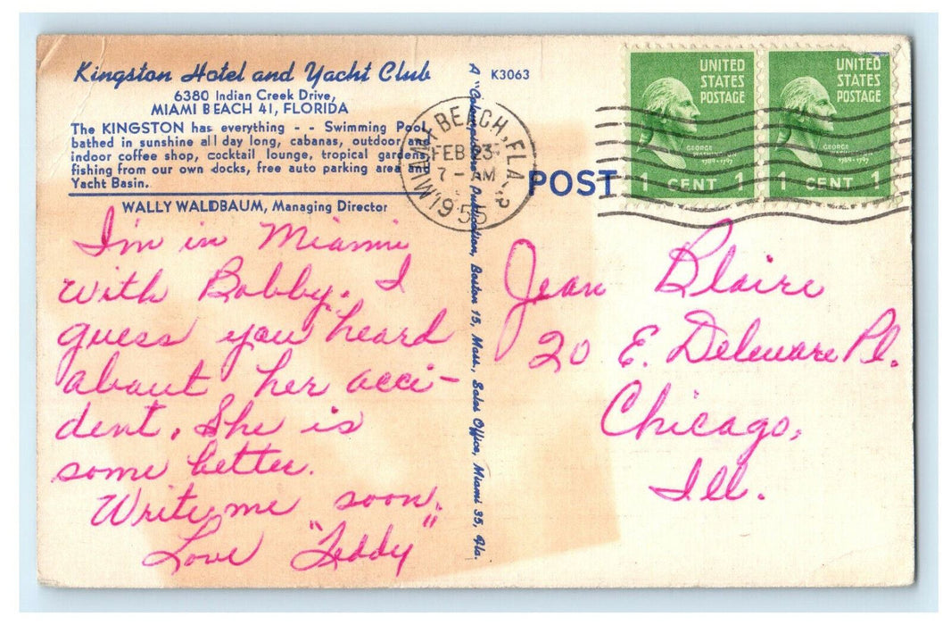 1955 Kingston Hotel and Yacht Club 64th Street Miami Beach Florida FL Postcard