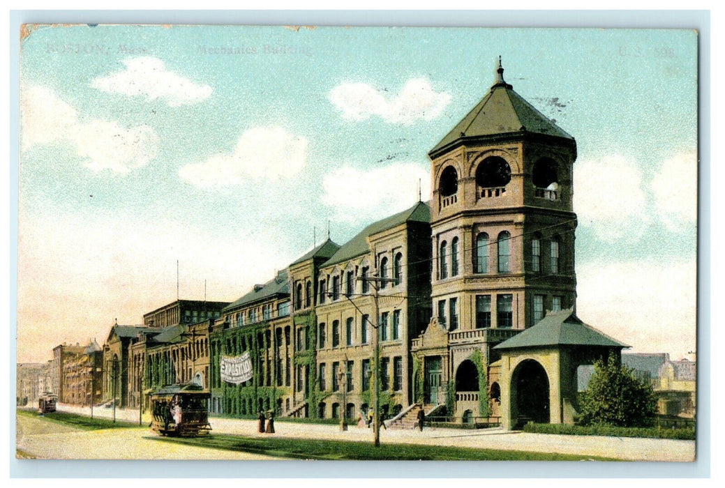 1908 Mechanics Building Street View Trolley Boston Massachusetts MA Postcard