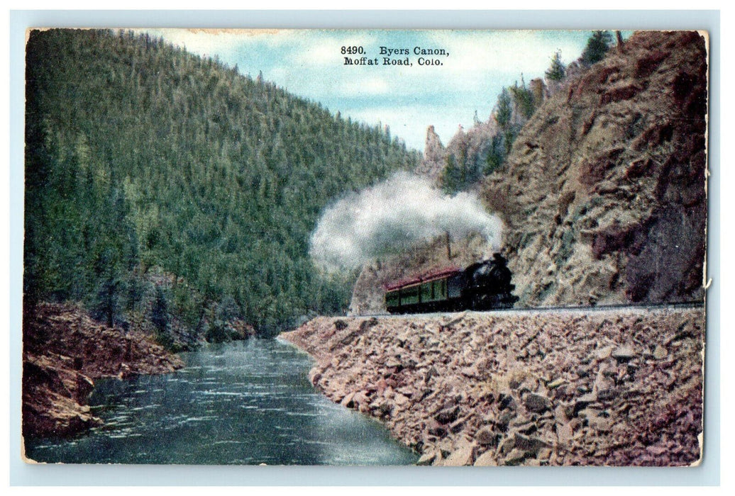 c1920s View of Train in Byers Canon Railway Moffat Road Colorado CO Postcard