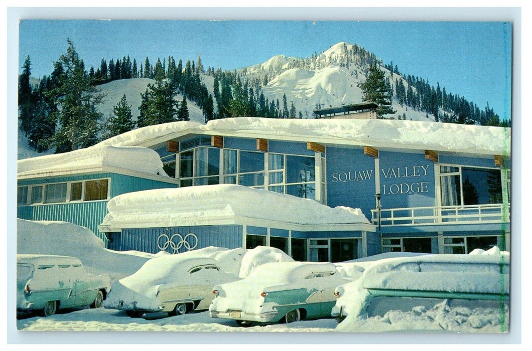 1962 Squaw Valley Lodge Cars Snow Winter Lake Tahoe California CA Postcard