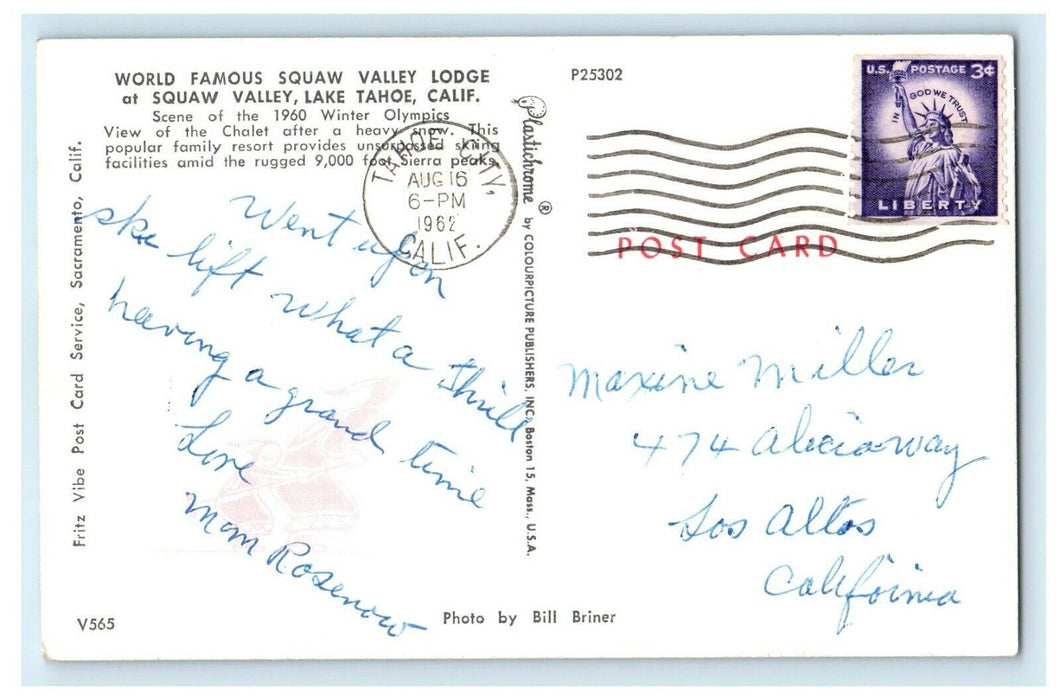 1962 Squaw Valley Lodge Cars Snow Winter Lake Tahoe California CA Postcard