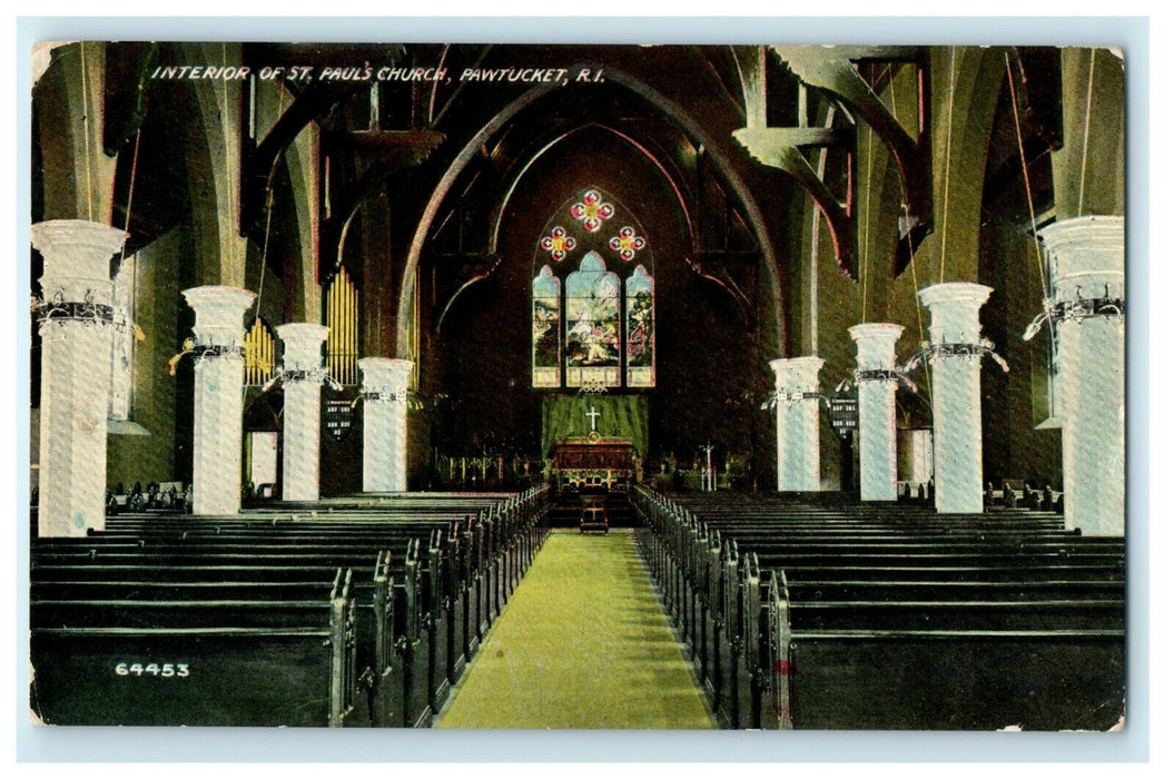 1915 Interiors of St Paul Church, Pawtucket Rhode Island, RI Antique Postcard