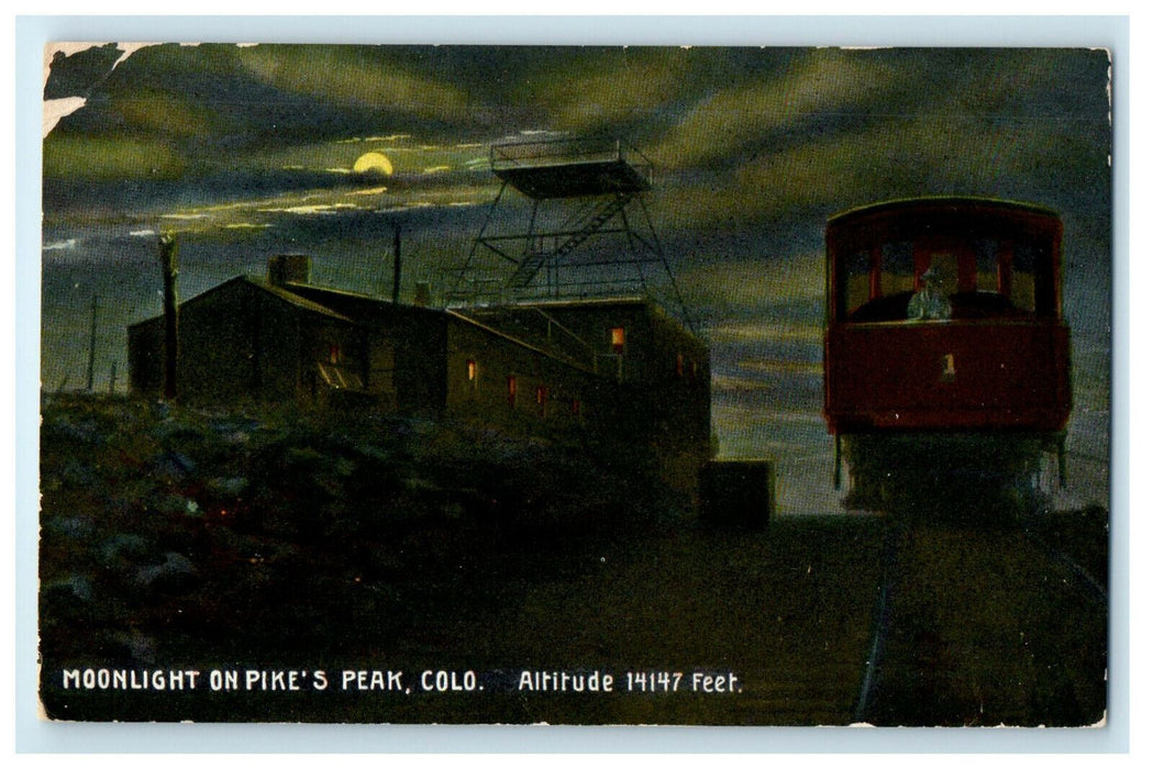 c1910s Altitude 14147 Feet Moonlight on Pike's Peak Colorado CO Posted Postcard