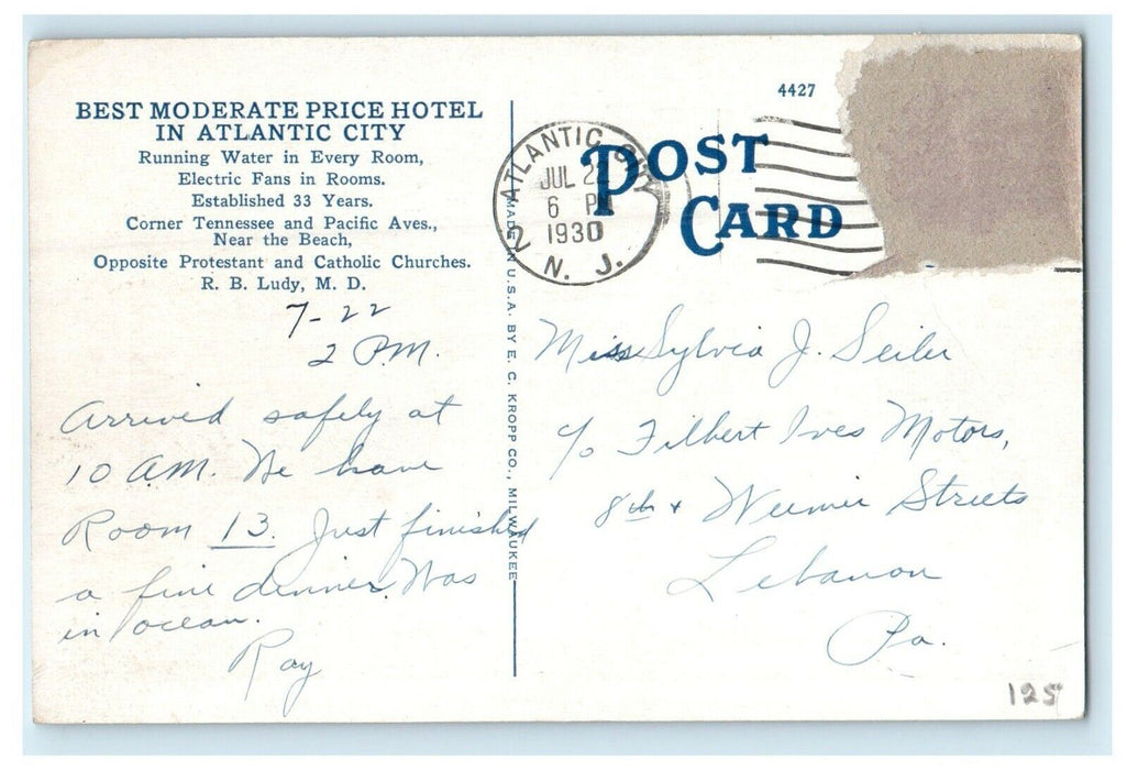 1930 Tennessee And Pacific Avenues Atlantic City New Jersey NJ Vintage Postcard