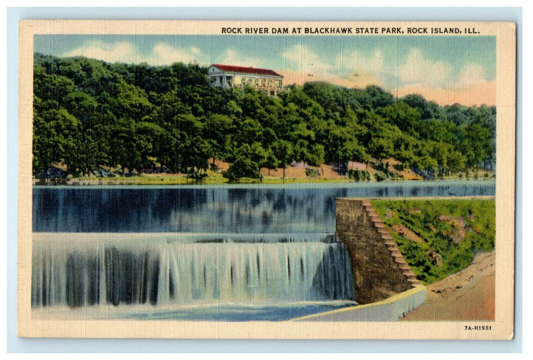 1939 Rock River Dam at Blackhawk State Park Rock Island Illinois IL Postcard