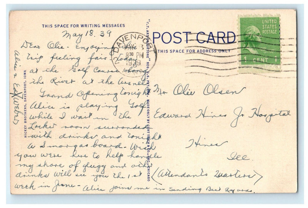 1939 Rock River Dam at Blackhawk State Park Rock Island Illinois IL Postcard