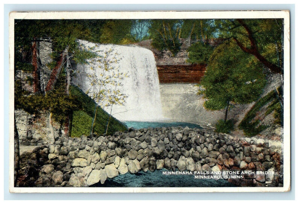 1925 Minnehaha Falls Stone Arch Bridge Minneapolis Minnesota MN Postcard