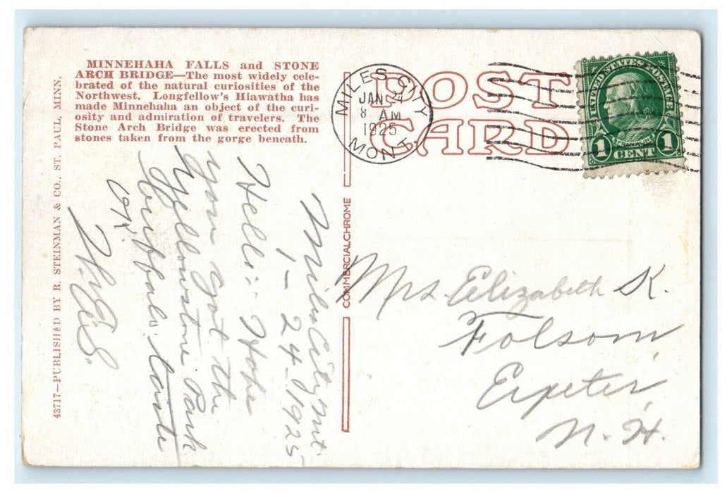 1925 Minnehaha Falls Stone Arch Bridge Minneapolis Minnesota MN Postcard