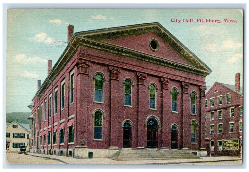 1912 City Hall Fitchburg Massachusetts MA Bos Troy & Albany RPO Postcard