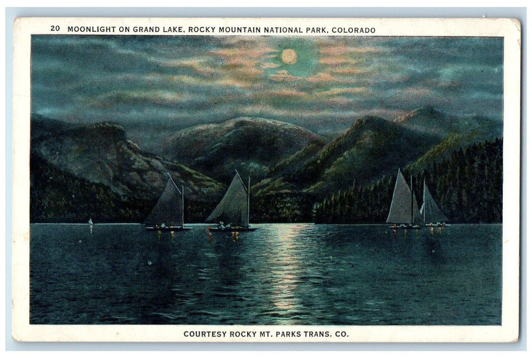 c1930's Moonlight On Grand Lake Boat Rocky Mountain National Park CO Postcard