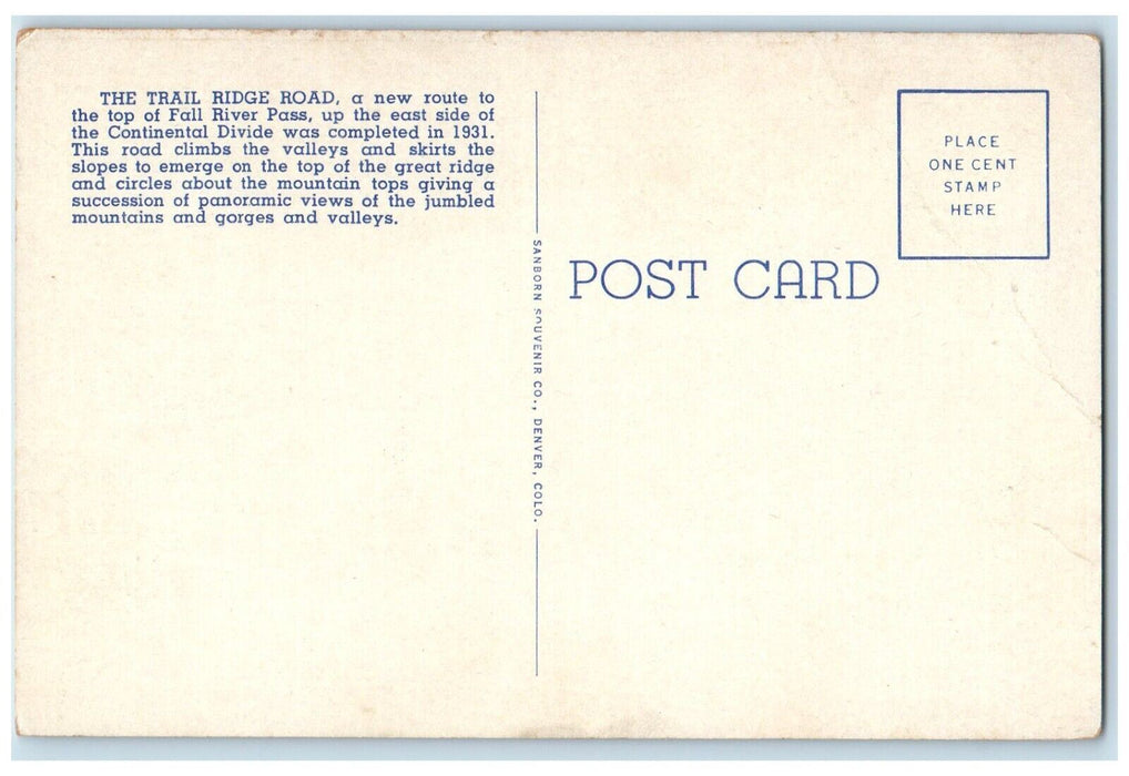 Trail Ridge Road Estes Park Grand Lake Rocky Mountain National Park CO Postcard