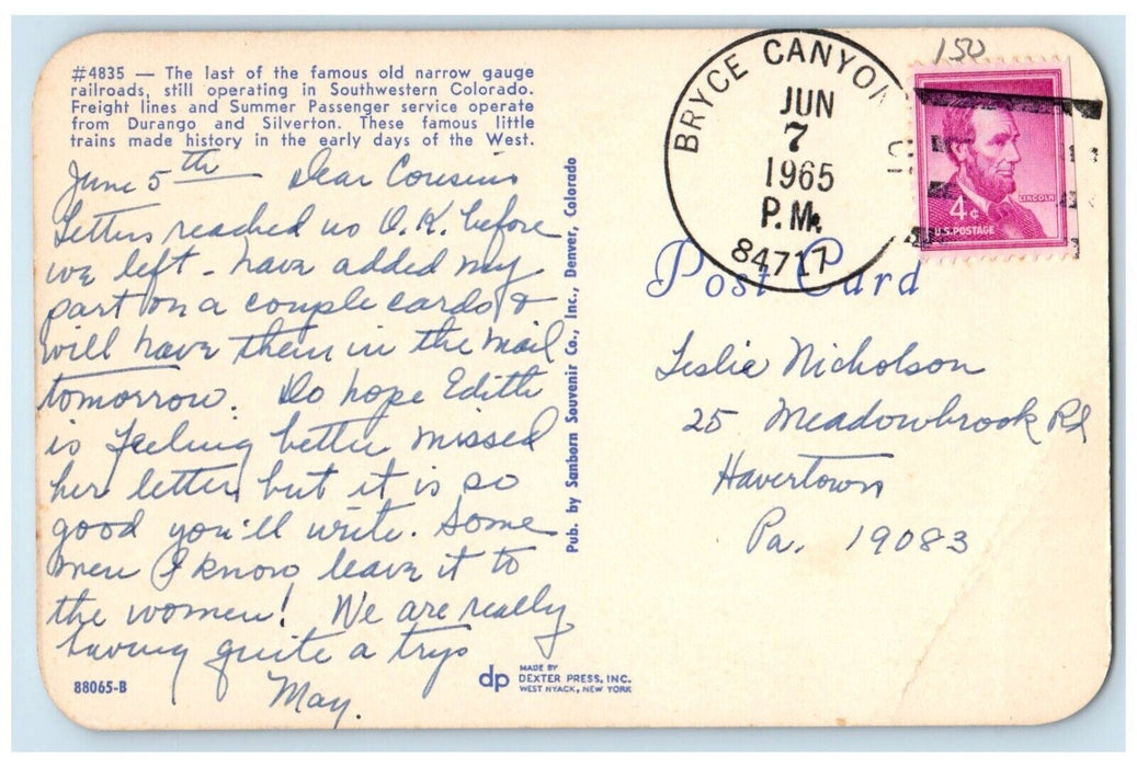 Old Narrow Gauge Railroads Train From Durango Silverton Bryce Canyon CO Postcard