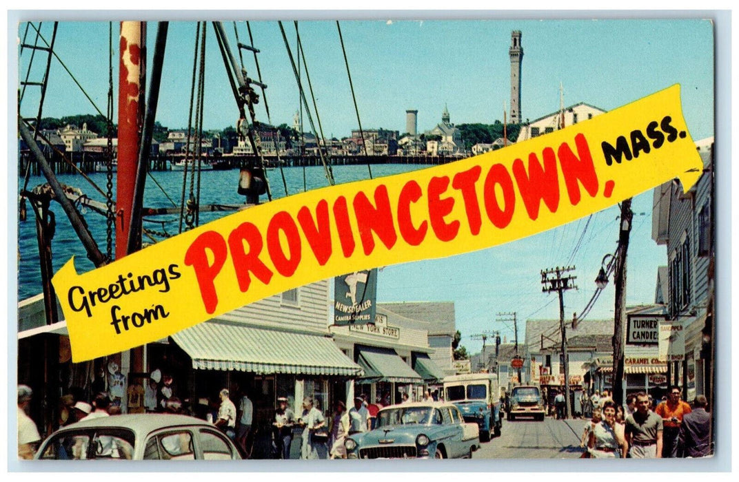 c1950's Wharf and Commercial St. Scene Greetings from Provincetown MA Postcard