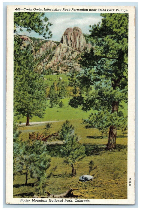 Twin Owls Rock Formation Ester Park Village Rocky Mt. National Park CO Postcard
