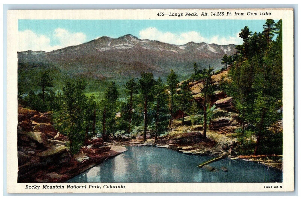 c1930's Long Peak From Gem Lake Rocky Mountain National Park CO Vintage Postcard