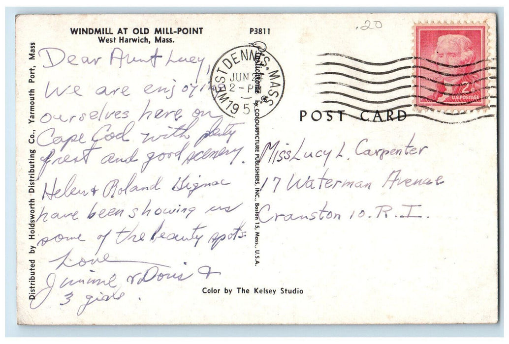 1957 Windmill on Old Mill-Point West Harwich Massachusetts MA Postcard