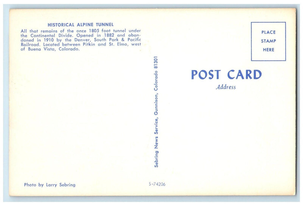 c1960's Alpine Tunnel D. S. P. & P. R. R. Buena Vista Colorado CO Postcard