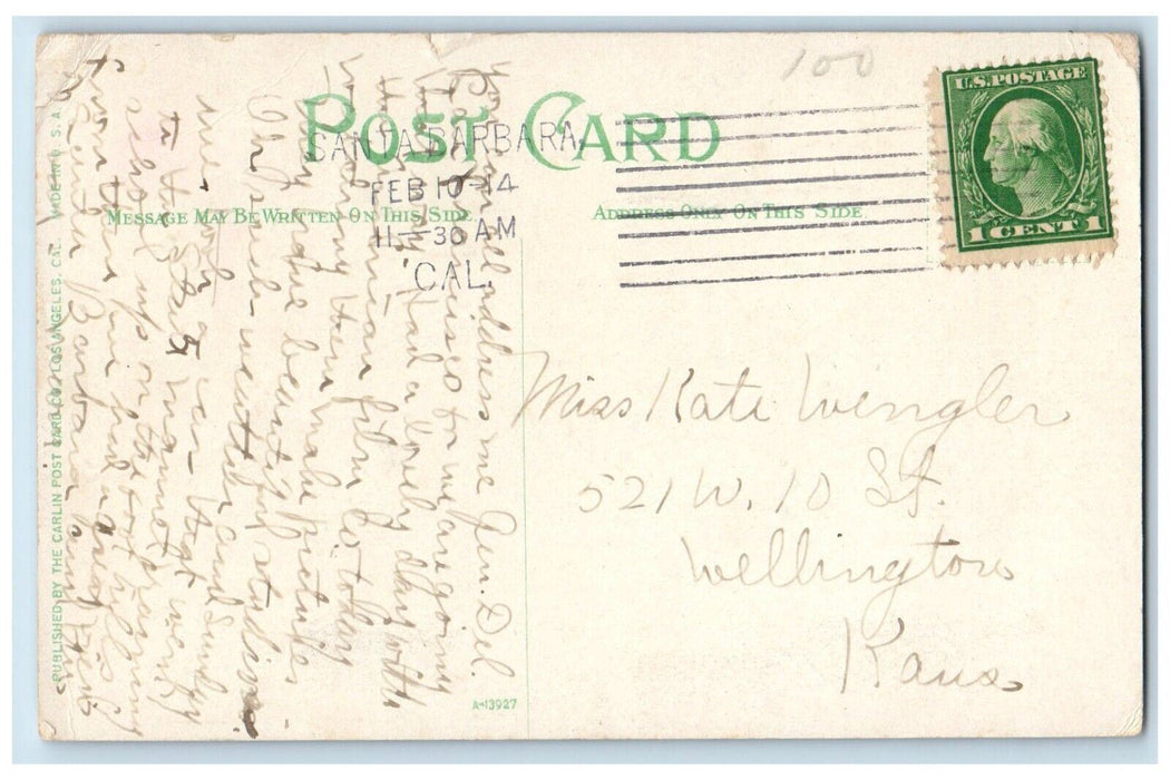 1914 The Potter Hotel At Night From The Bay Boat Moon Santa Barbara CA Postcard
