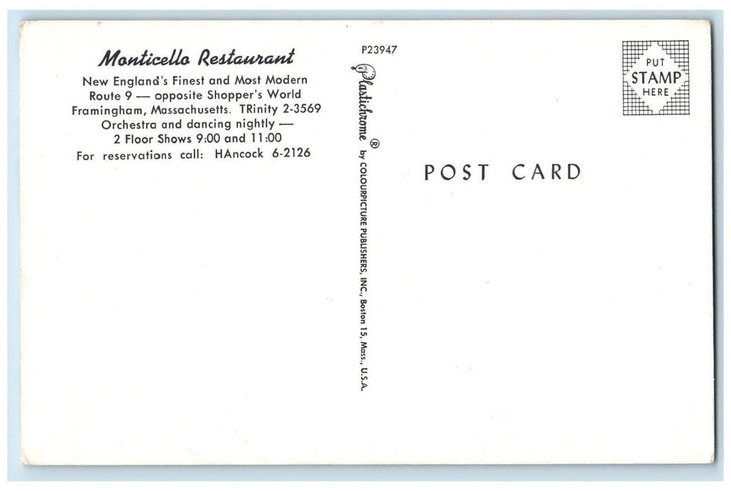 c1960's Multiview, Monticello Restaurant, Framingham Massachusetts MA Postcard