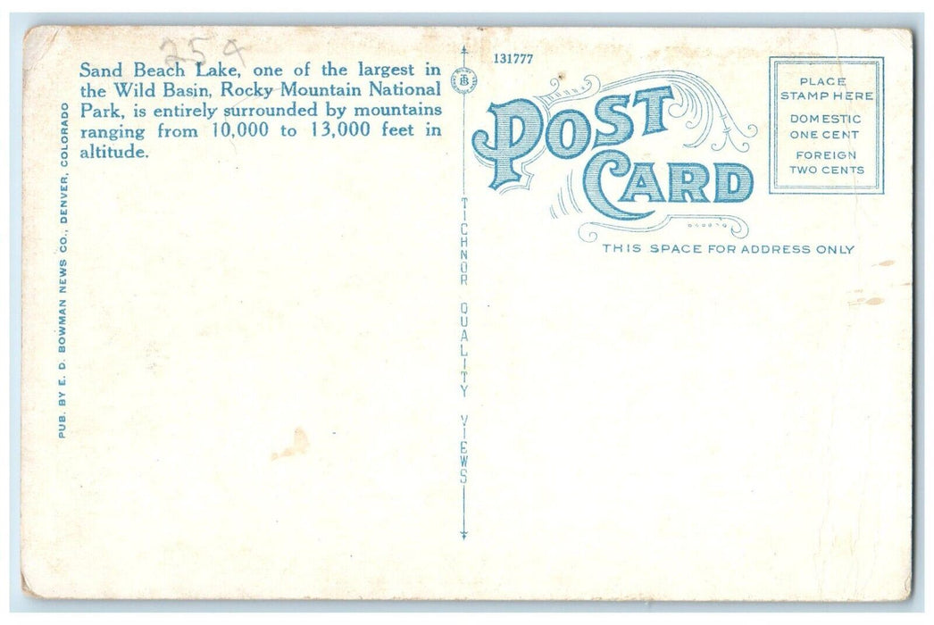c1930's Sand Beach Lake Wild Basin Rocky Mountain National Park CO Postcard