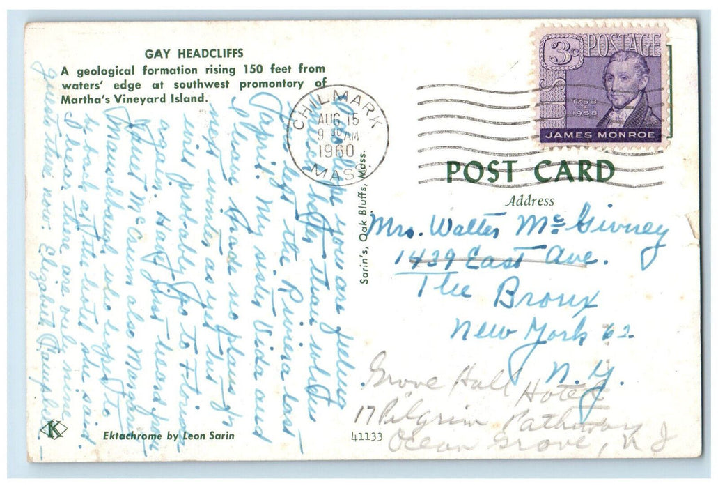 1960 Gay Headcliffs, Martha's Vineyard Island Massachusetts MA Postcard