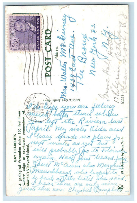 1960 Gay Headcliffs, Martha's Vineyard Island Massachusetts MA Postcard