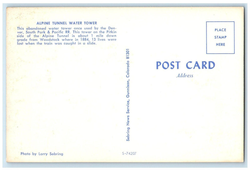 Alpine Tunnel Water Tower Denver South Park & Pacific R.R. Colorado CO Postcard