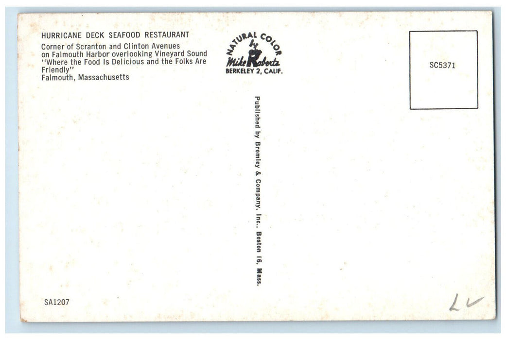 c1960's Hurricane Deck Seaford Restaurant, Falmouth Massachusetts MA Postcard