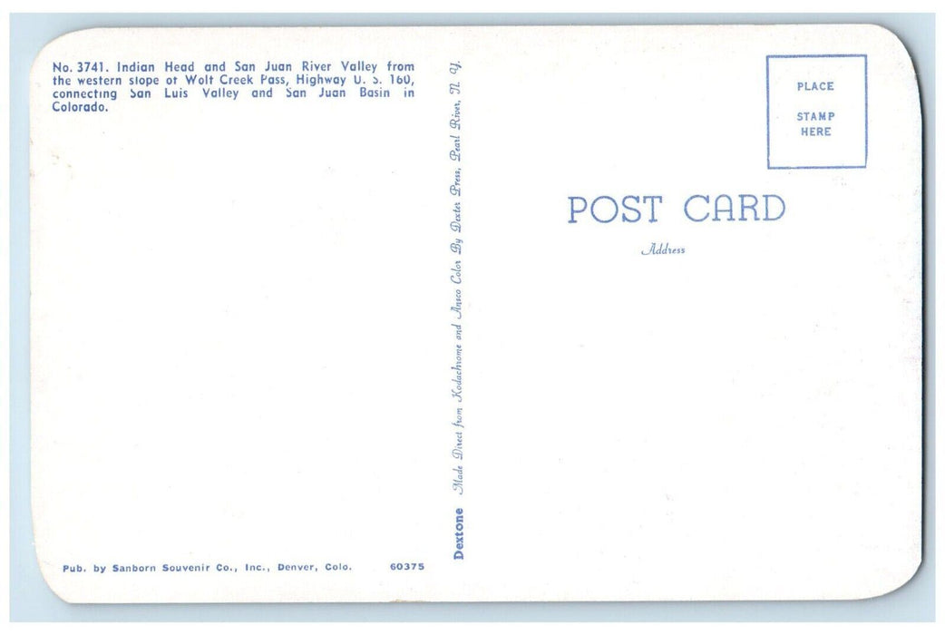 Indian Head San Juan River Valley Walt Creek Pass San Juan Valley CO Postcard