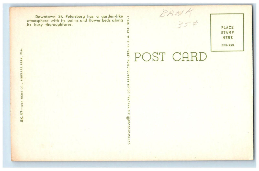c1950's National Bank, Mcrory, Business District St. Petersburg FL Postcard