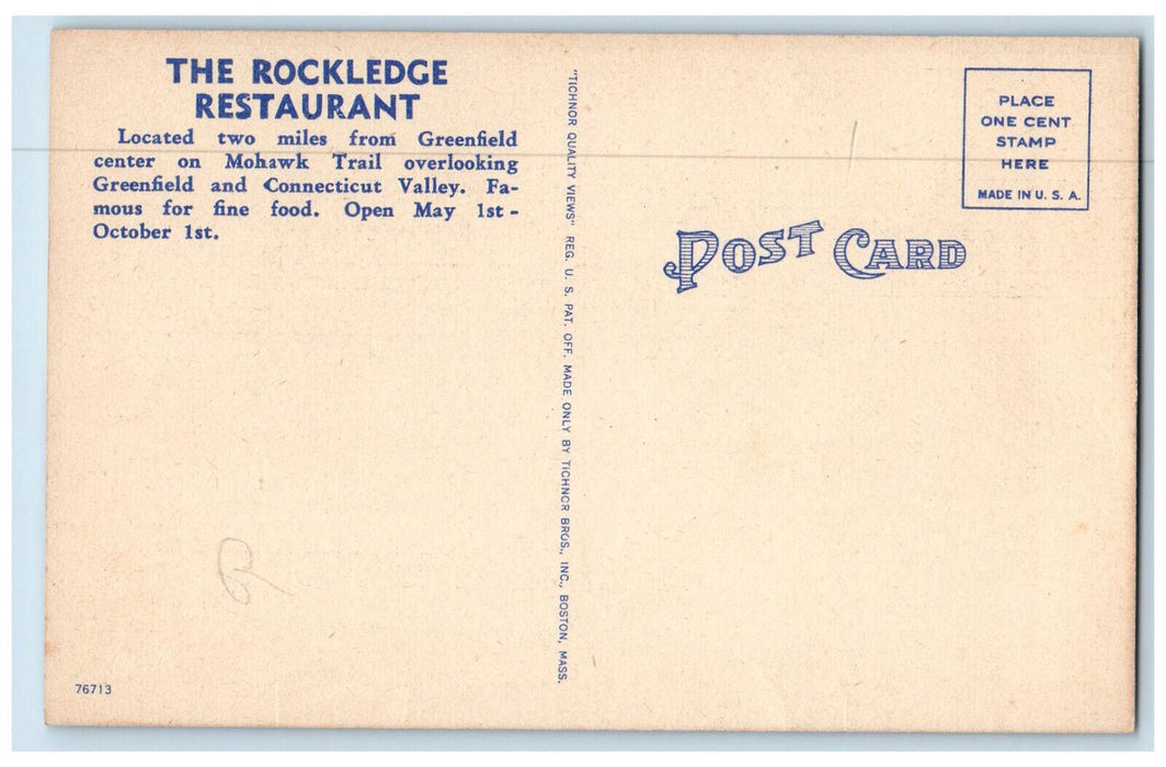 c1940's The Rockledge Restaurant on Mohawk Trail Greenfield MA Postcard