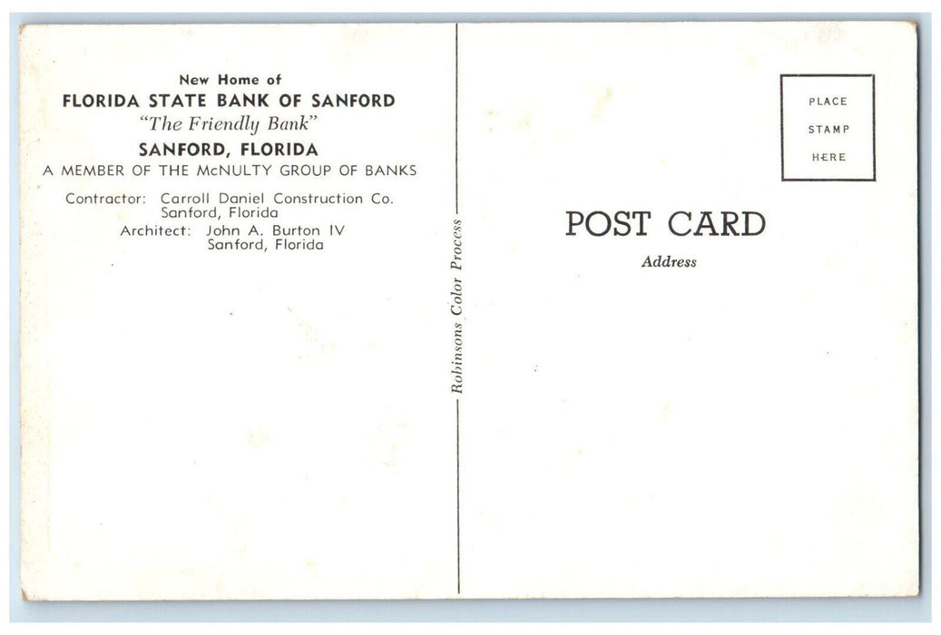 c1950's New Home of Florida State Bank of Sanford Friendly Bank FL Postcard