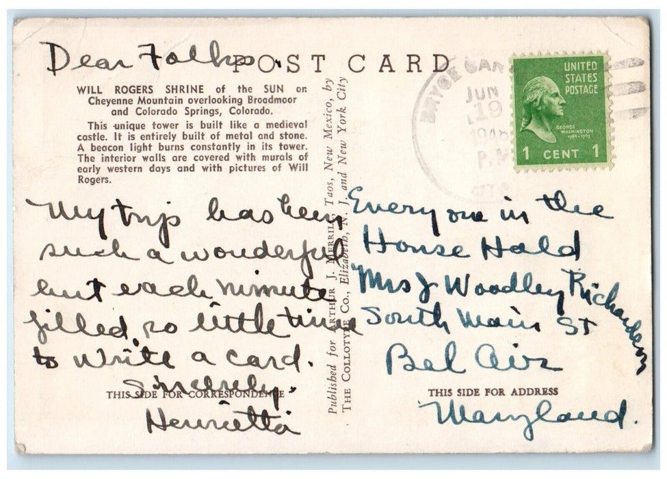 1948 Will Rogers Shrine Sun Cheyenne Mountain Colorado Springs CO Postcard