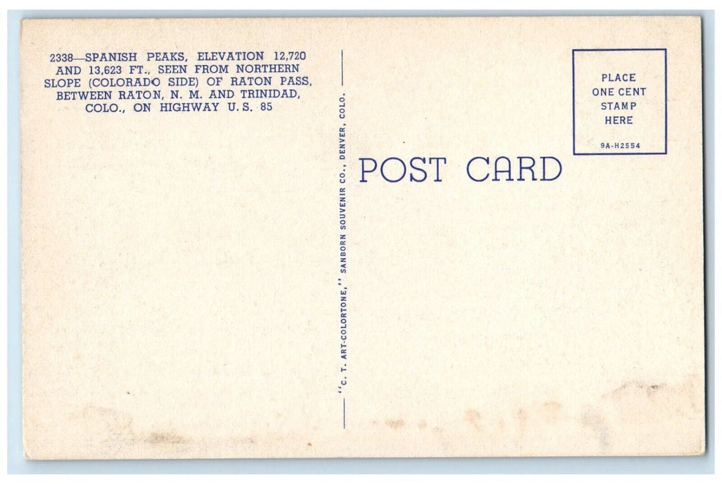 Spanish Peaks Seen Northern Slope Raton Pass Trinidad Colorado CO Postcard