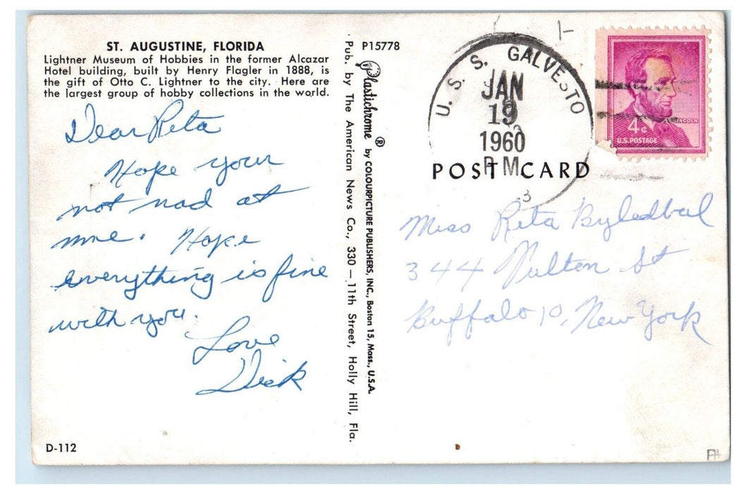1960 Sailor Mail USS Galveston St. Augustine Florida FL Buffalo NY  Postcard
