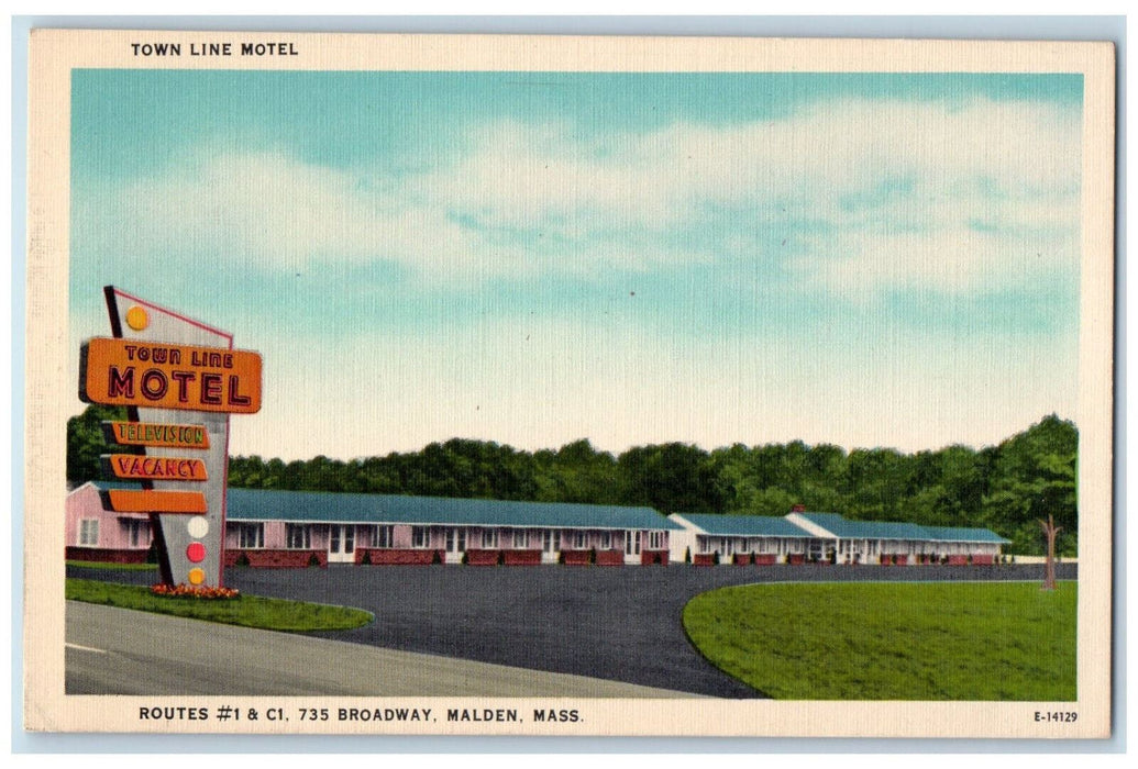 c1940's Town Line Motel, Broadway Malden Massachusetts MA Vintage Postcard