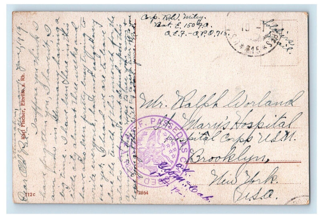 1919 Soldiers Mail WW1 R.W. Miley Passed Censor Germany APO Postcard